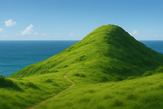 Green Hill Overlooking the Open Ocean Under a Clear Blue Sky &ndash; Scenic Coastal Landscape