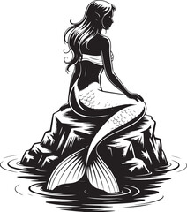Mysterious mermaid rests on rock in ocean waves