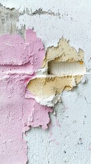 Close-up of a wall with peeling paint, revealing layers of color and texture. The abstract composition highlights the decay and the interplay of pink, yellow, a