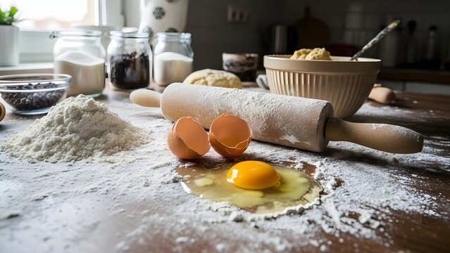 Cracked egg and flour on a wooden table, ingredients for baking a cake