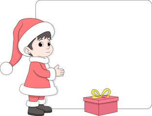 Cute Little Boy in Santa Costume with Gift Box and Blank Text Space for Christmas Greeting and Holiday Design