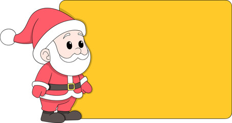 Cute Santa Claus Character Standing Beside Blank Yellow Banner in Festive Christmas Cartoon Style for Holiday Greetings and Seasonal Design Templates © Popular Vector