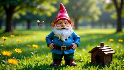 Garden gnome with bee and birdhouse in sunny meadow
