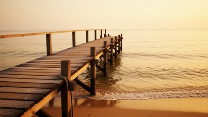 Wooden pier extending into calm ocean at sunset