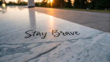 Inspirational Message on Marble Surface During Sunset Light Creates Motivational Atmosphere of Courage and Strength