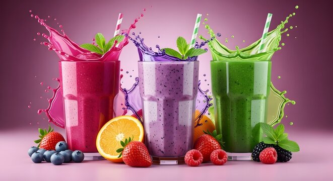 Three colorful smoothies with fresh fruit and mint leaves on pink background