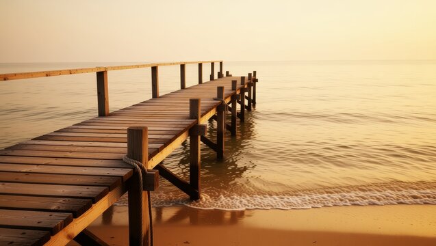 Wooden pier extending into calm ocean at sunset
