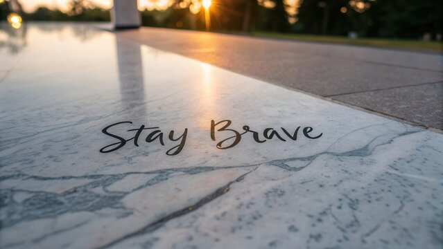 Inspirational Message on Marble Surface During Sunset Light Creates Motivational Atmosphere of Courage and Strength