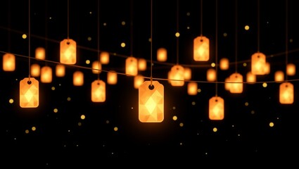 Hanging geometric lanterns glowing warmly against dark background