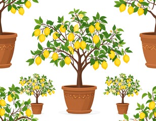 Repeated cartoon lemon trees in pots with bright yellow fruit