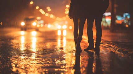 Couple walking on a wet city street at night with car lights reflecting on the pavement.