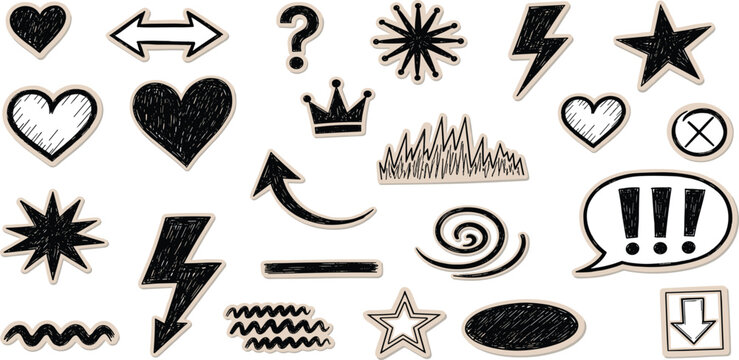 Eclectic assortment of rough hand-drawn vector doodle elements including hearts, arrows, stars, lightning, and expressive symbols, offering a unique artistic touch for creative design projects