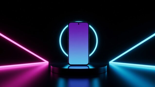 Neonlit smartphone on pedestal with glowing rings