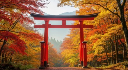Japanese Torii Gate in Vibrant Autumn Forest