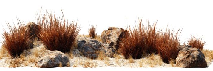 Dry desert grass and rocks create a natural, rugged landscape element
