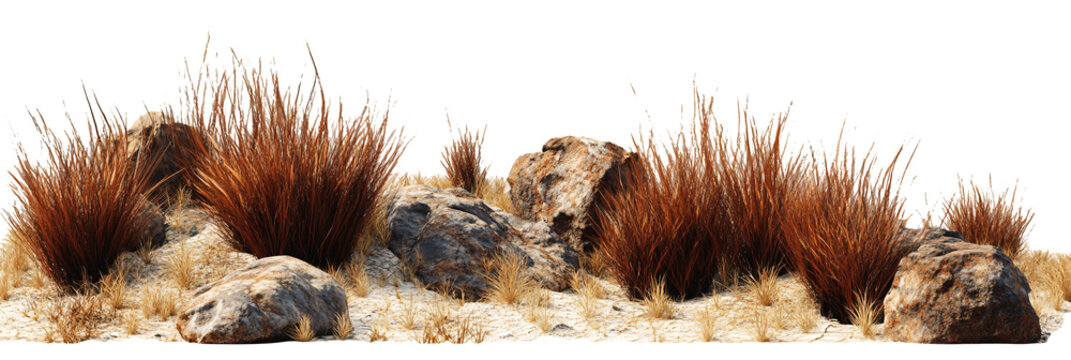 Dry desert grass and rocks create a natural, rugged landscape element