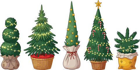 A festive collection of five uniquely styled and decorated Christmas trees, adorned with glowing lights and ornaments for holiday celebrations