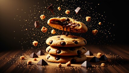 Chocolate chip cookies with melting chocolate and flying crumbs
