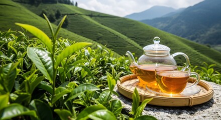Refreshing cup of tea on a tray amidst the lush green tea plantation