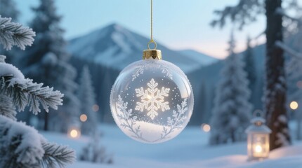 Clear christmas globe with white snowflake hanging near lantern and snowy mountains.