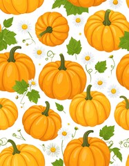 Seamless, illustrated pattern with pumpkins, daisies, and foliage