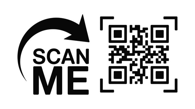 Scan Me Graphic Design Featuring Bold Text, Curved Arrow, And Hollow Rectangles Creating A QR Code Effect, Clean Black And White Vector For Apps, Websites, And Modern User Interface Element