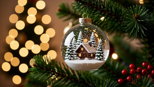 Snow globe with winter village on Christmas tree - Powered by Adobe