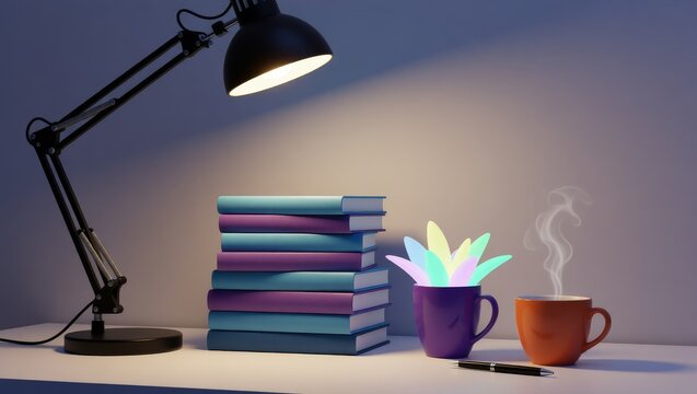 Desk lamp lighting stack of books colorful plant steaming mug - Powered by Adobe
