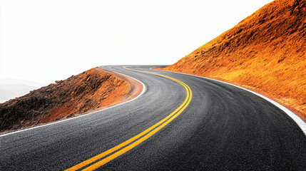 Winding asphalt road climbs vibrant orange mountainside under bright sky