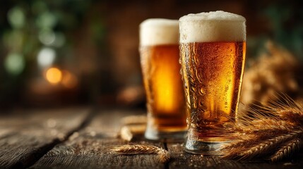 Two tall glasses of beer on wooden table with wheat decoration, warm ambient light highlighting golden liquid and frothy foam, cozy rustic atmosphere with copy space for text
