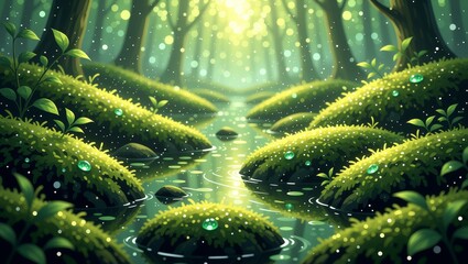 Sunlit forest stream with mossy rocks and dewdrops