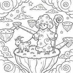 Wizard with goat on floating island in cloudy sky coloring book vector page