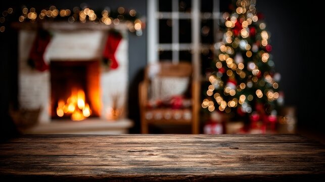 Empty wooden table top with blurred fireplace and Christmas tree in the background, red gift boxes and stockings on an armchair, creating a cozy and festive home atmosphere for product display.