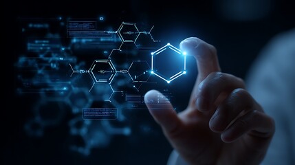 AI drug discovery interface hologram, molecular diagrams, futuristic pharmaceutical research, glowing blue tech