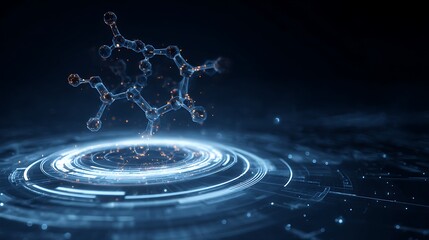 AI drug discovery interface hologram, molecular diagrams, futuristic pharmaceutical research, glowing blue tech