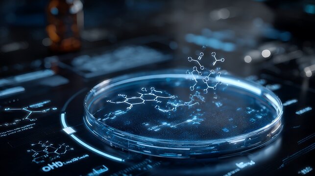 AI drug discovery interface hologram, molecular diagrams, futuristic pharmaceutical research, glowing blue tech
