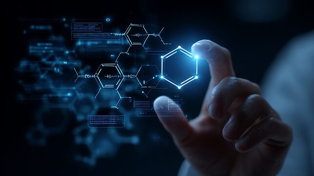 AI drug discovery interface hologram, molecular diagrams, futuristic pharmaceutical research, glowing blue tech - Powered by Adobe