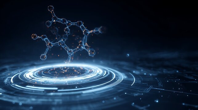AI drug discovery interface hologram, molecular diagrams, futuristic pharmaceutical research, glowing blue tech