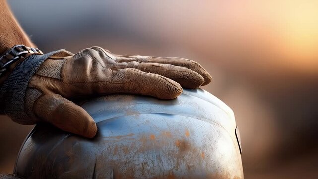 Gloved hand resting on hard hat conceptual work safety