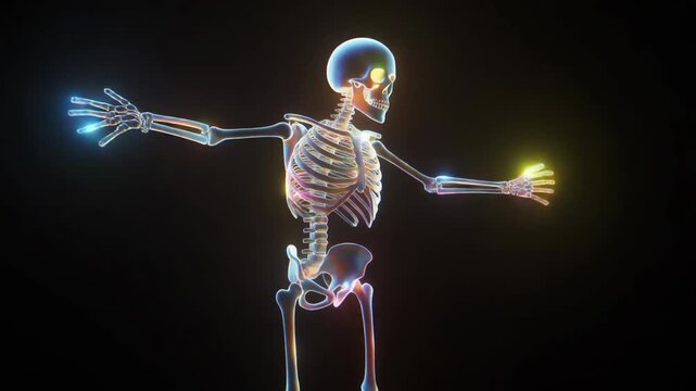 Futuristic 3D Animation of a Glowing Human Skeleton Anatomy.