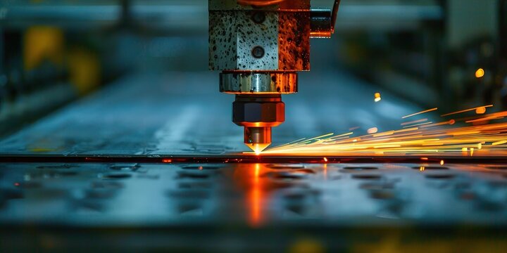 Cutting edge laser technology precisely cutting metal with sparks flying in dark setting