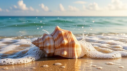 Seashell on sandy beach with ocean waves and water droplets