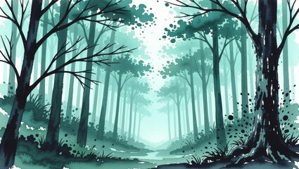 Misty forest path through tall trees