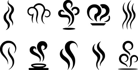 Collection of Black and White Steam and Smoke Icons for Hot Beverages and Food
