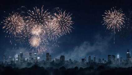 Night sky ablaze with fireworks, illuminating cityscape silhouetted in fog