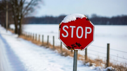 Rusted stop sign in snowy village — Warning frozen in time