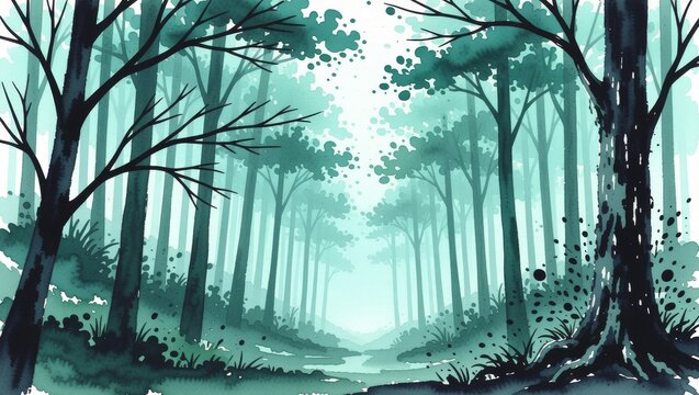 Misty forest path through tall trees - Powered by Adobe