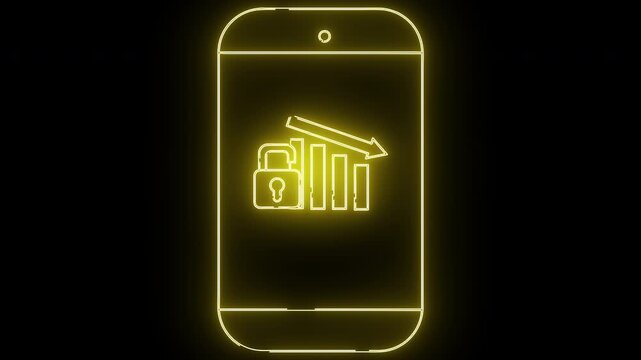 Yellow neon phone outline with a padlock bar chart and downward arrow symbol
