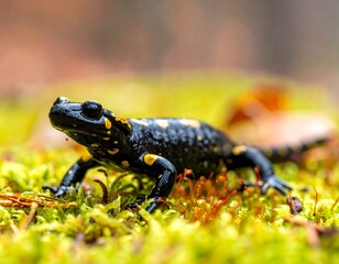 Obraz premium Dark salamander with yellow spots rests on vibrant green moss in a forest setting