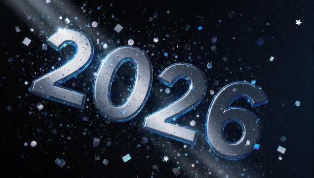 Metallic "2026" font sparkles on a dark background, confetti, light rays